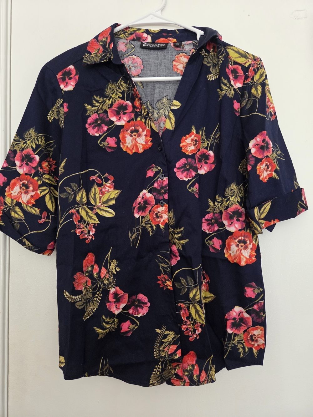 Women's Navy Button-Down Floral Shirt with Pink & Red Blooms
